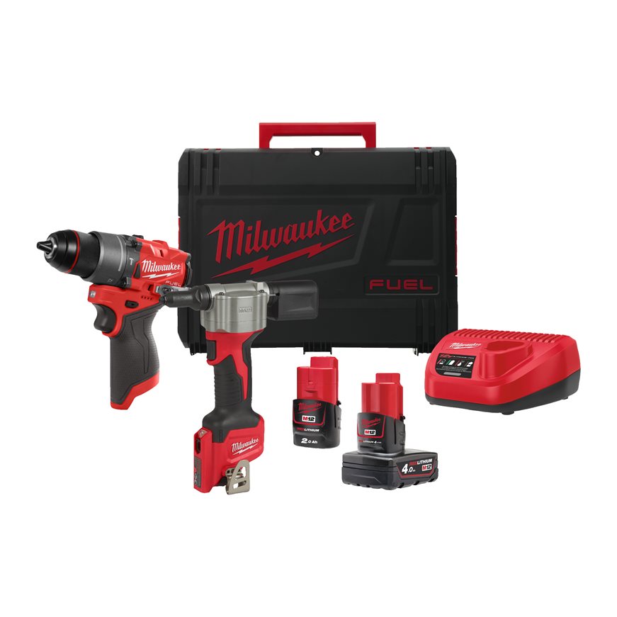 Milwaukee 4933480593 M12 FPP2D2-422X Powerpack M12 FPD2 Schlagbohrmaschine + M12 BPRT Blindnietzange 12V 4.0/2.0Ah in HD Box