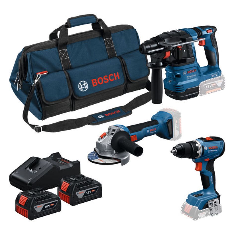 Bosch Blau 0615A50094 Akku-Werkzeugsatz 3 Maschinen 18V 2x 18V 4.0Ah und Ladegerät GAL 18V-40 in Werkzeugtasche