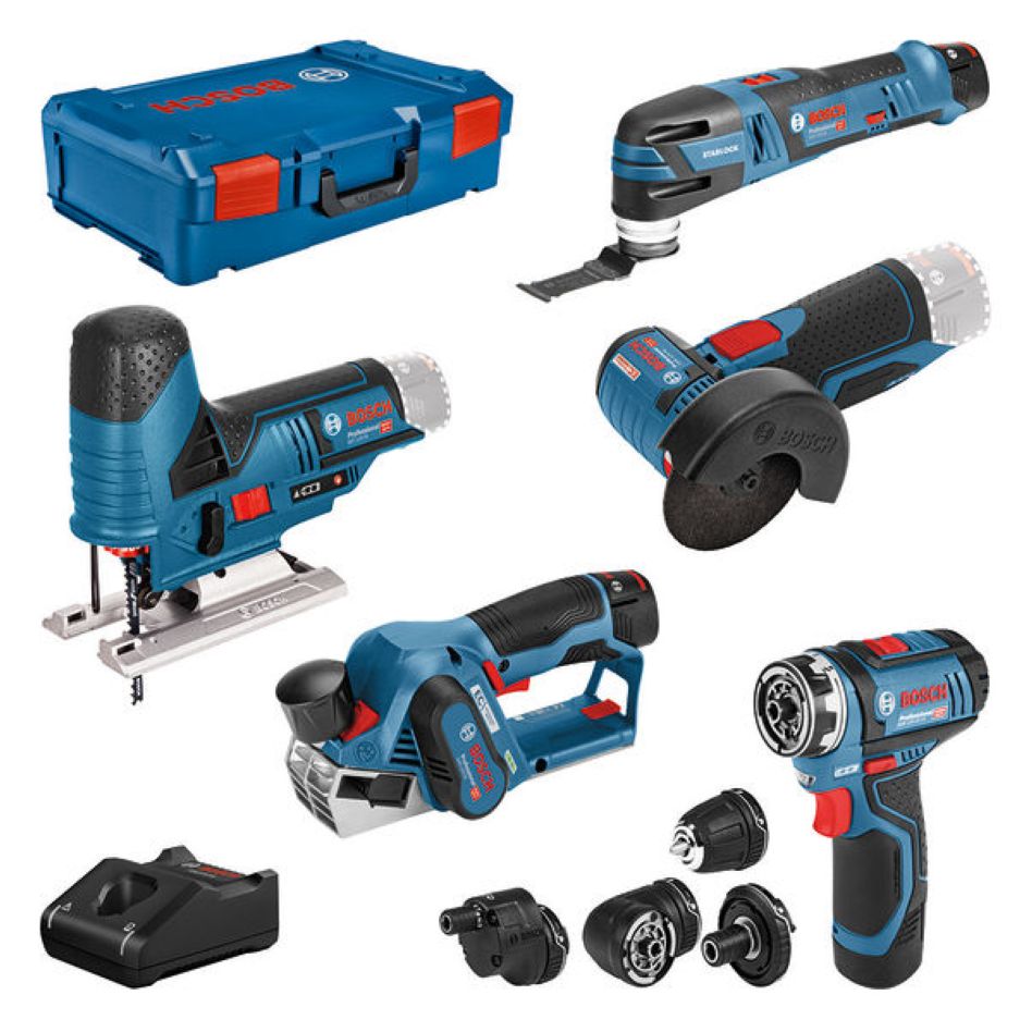 Bosch Blau 0615A0017D 5 Toolkit 12V - Akku-Bohrer + Winkelschleifer + Stichsäge + Hobel + Multitool 12V 3 x 3,0 Ah in XL-Boxx