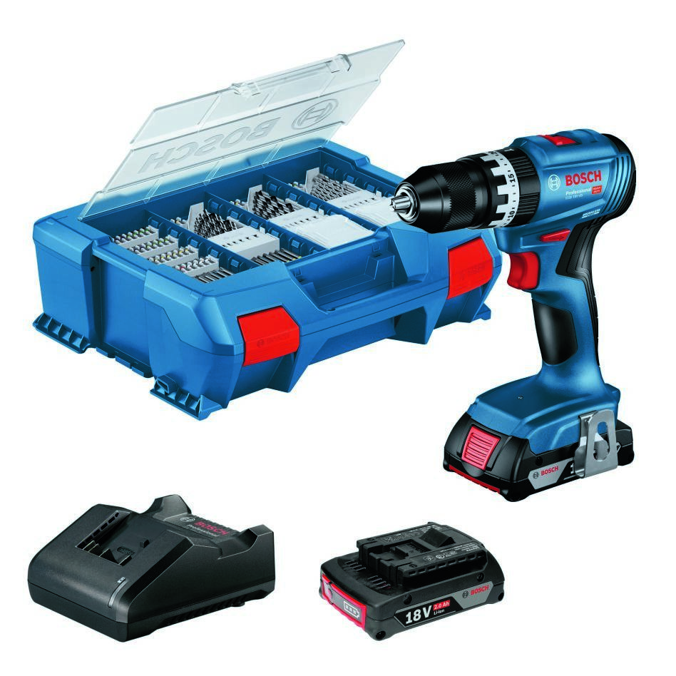 Bosch Blau 06019K3306 GSB 18V-45 Akku-Bohrhammer 2x 2,0 Ah und Ladegerät GAL 18V-20 im L-Koffer Pick&Click