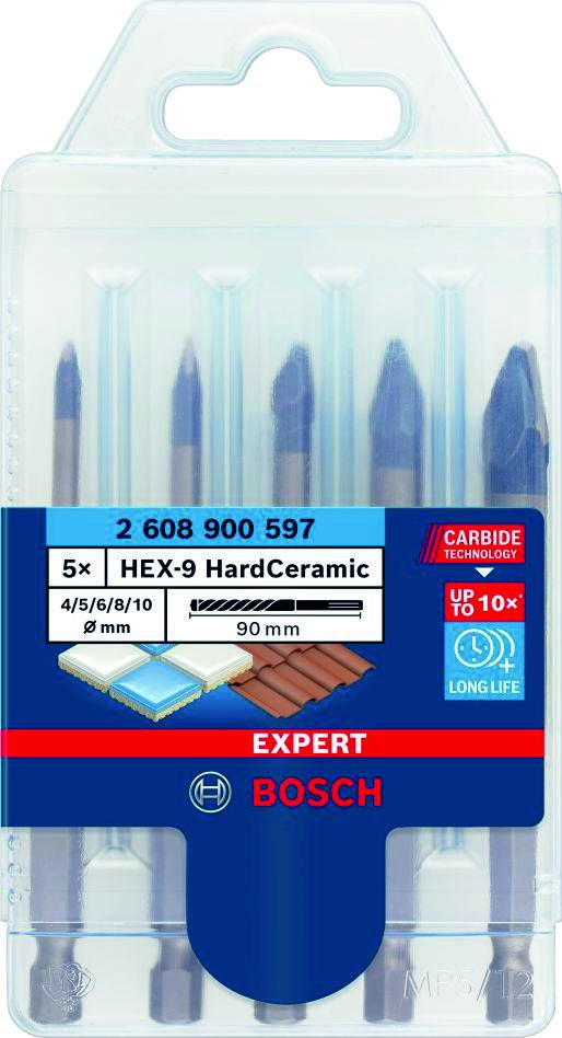 Bosch Blau Zubehör 2608900597 Expert HEX-9 HardCeramic Bohrer-Set, 4/5/6/8/10 mm, 5-tlg.