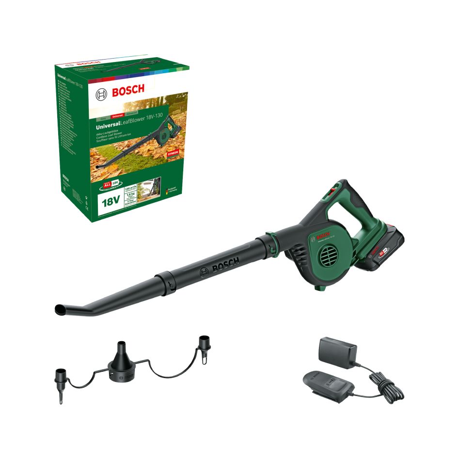 Bosch Grün 06008A0600 UniversalLeafBlower 18V-130 Akku-Laubbläser 1x 2,5 Ah und Ladegerät im Karton