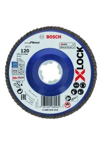 Bosch Blau Zubehör 2608619212 X-LOCK Fächerschleifscheibe, gerade Ausführung, Kunststofftragplatte, Ø125 mm, K 120, X571, Best for Metal, 1 Stück D = 125 mm; K = 120, gerade