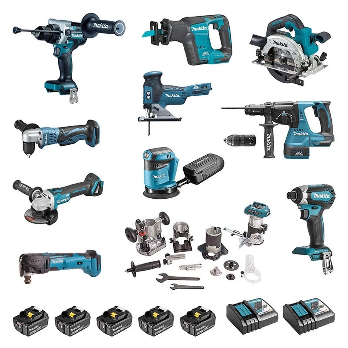 Makita DLX1108TJ1 Super-Set 18V 11 Maschinen - 5 x Akku 18V 5,0Ah + 2 x Ladeger&auml;t