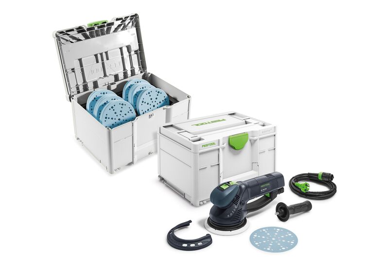 Festool 578257 RO 150 FEQ-Plus Rotex-Allround-Exzenterschleifer + SYS-STF D150 GR-Set Granatschleifscheiben-Set im Systainer