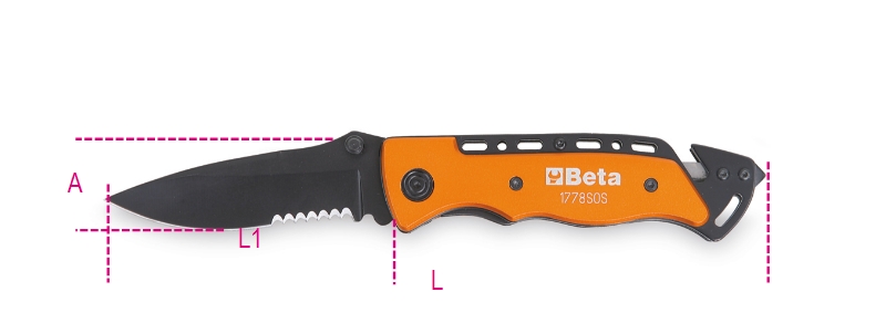 Beta 017780080 1778SOS Klappmesser, mit Scheibenbrecher und Gurtschneider. Im Koffer.
