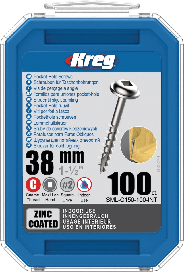 Kreg SML-C150-100-INT Taschenlochschrauben 38 mm Verzinkt Maxi-Loc Grobgewinde 100 Stück