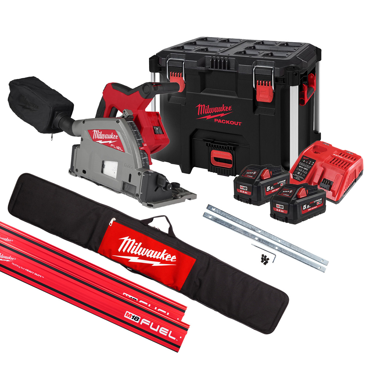 Milwaukee M18FPS55-552PSET 18V 5.5Ah Li-Ion Akkusäge + 2 x 1400mm Führungsschiene + Klemmen + Tasche im PACKOUT™ Werkzeugkoffer