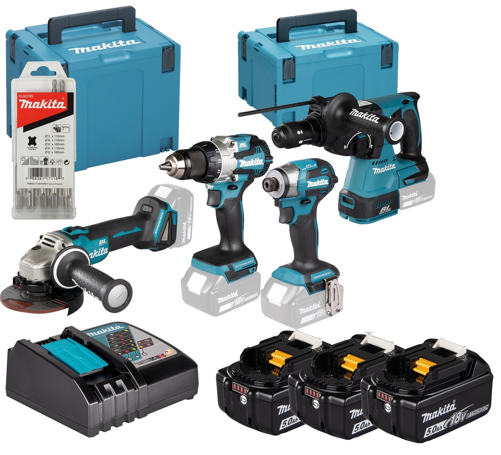 Makita DLX4196JX1 LXT 18V Combiset 4 Maschinen 3x 5.0Ah Akkus und Ladegerät in 2 M-Boxen