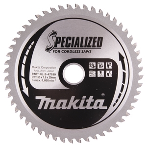Makita Zubehör B-47064 Sägeblatt 150x20x52 für Alu, Kupfer, Messing, Bronze, Buntmetalle, Trespa und Kunststoff