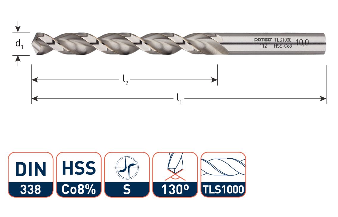 Rotec 112.0120 1120120 HSS-E-Spiralbohrer, DIN338, Typ TLS1000, Ø1,2