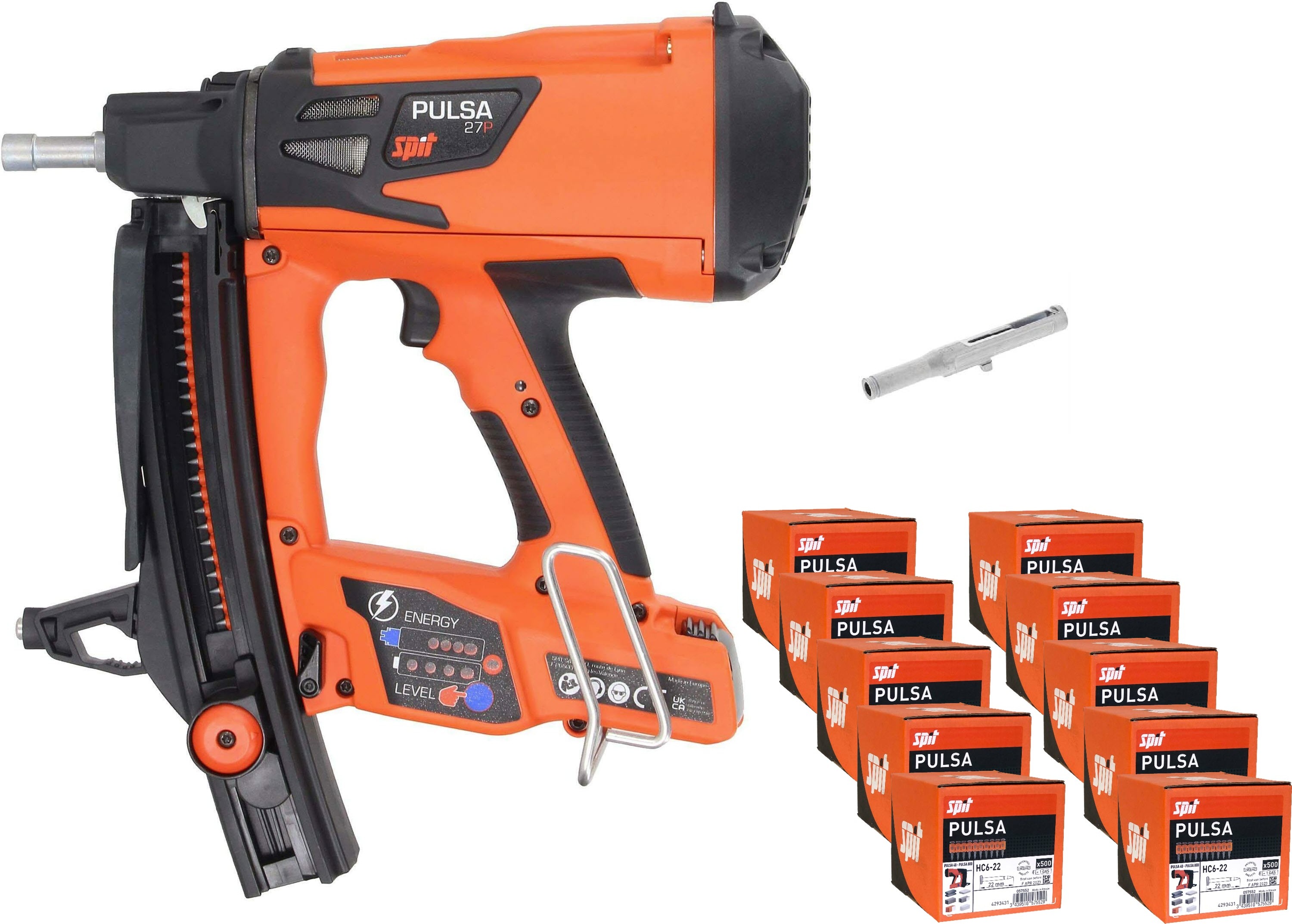Spit 695980 Pulsa 27P Gas-Tacker f&uuml;r Finishing und Contractor 15-27 mm + H&auml;ndler-Garantie! + 15000 N&auml;gel HC6/22 + Nagelf&uuml;hrung